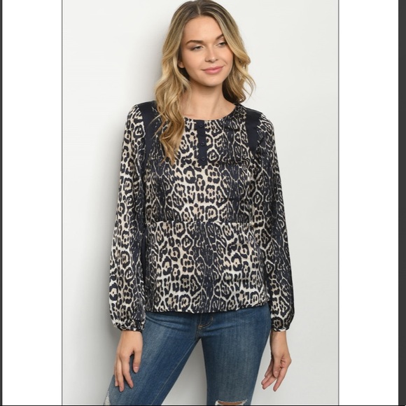 Trendy Cheetah Print/Navy blouse/ back cutouts - Picture 2 of 5